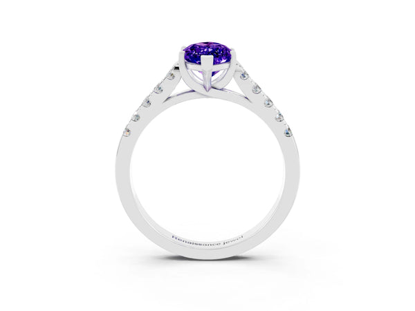 Platinum Marquise Cut Tanzanite Pavé Band Solitaire Ring with Prong Setting