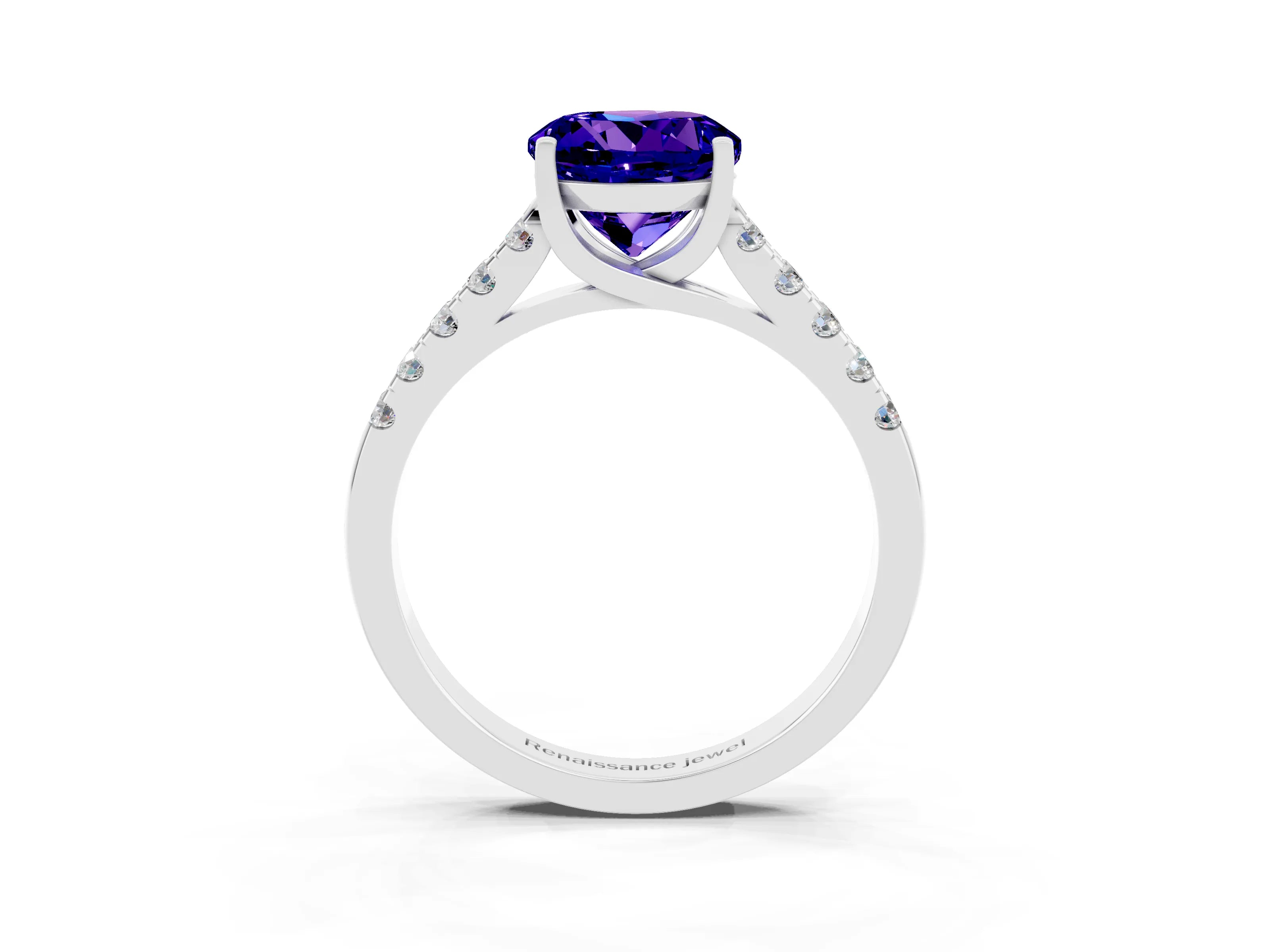 White gold {shape_name} Tanzanite Solitaire Ring with Pavé Band and Four-Prong Setting_3