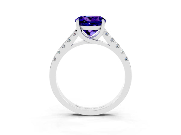 Platinum Round Cut Tanzanite Pavé Band Solitaire Ring with Prong Setting