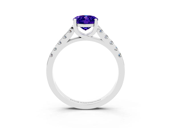 Silver Oval Cut Tanzanite Pavé Band Solitaire Ring with Prong Setting