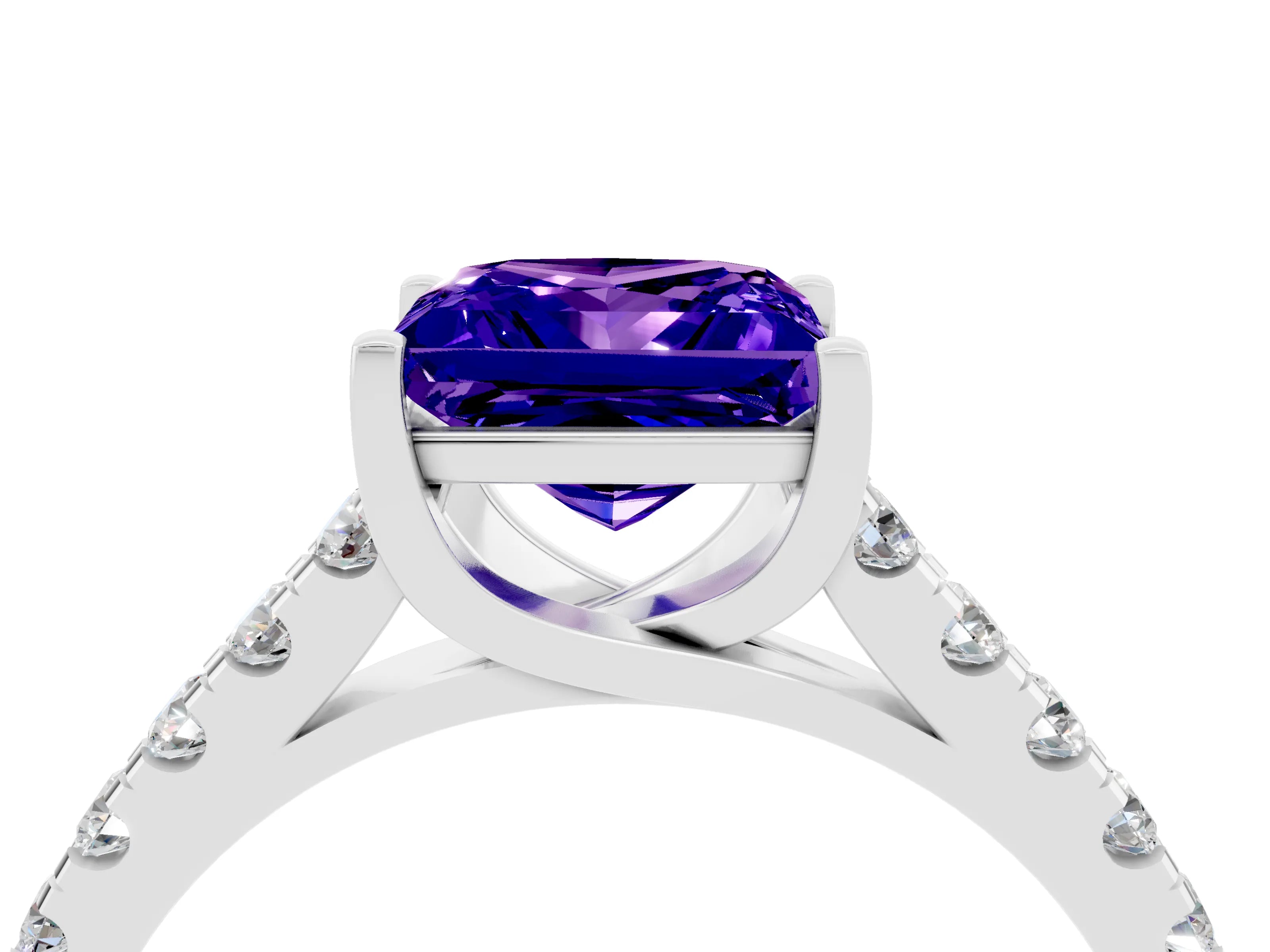 White gold {shape_name} Tanzanite Solitaire Ring with Pavé Band and Four-Prong Setting_4