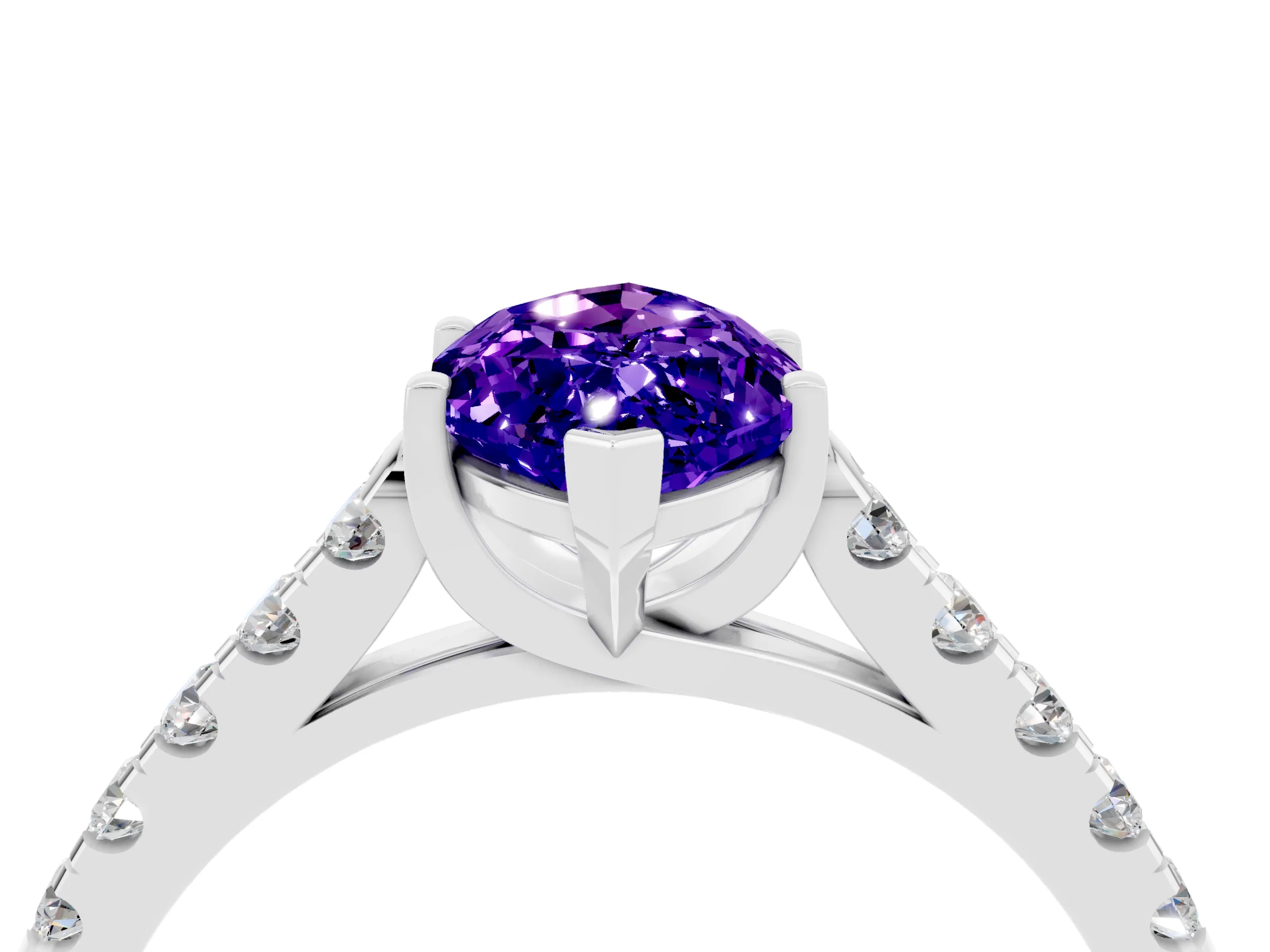 White gold {shape_name} Tanzanite Solitaire Ring with Pavé Band and Four-Prong Setting_4