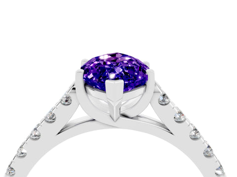 White gold {shape_name} Tanzanite Solitaire Ring with Pavé Band and Four-Prong Setting_4