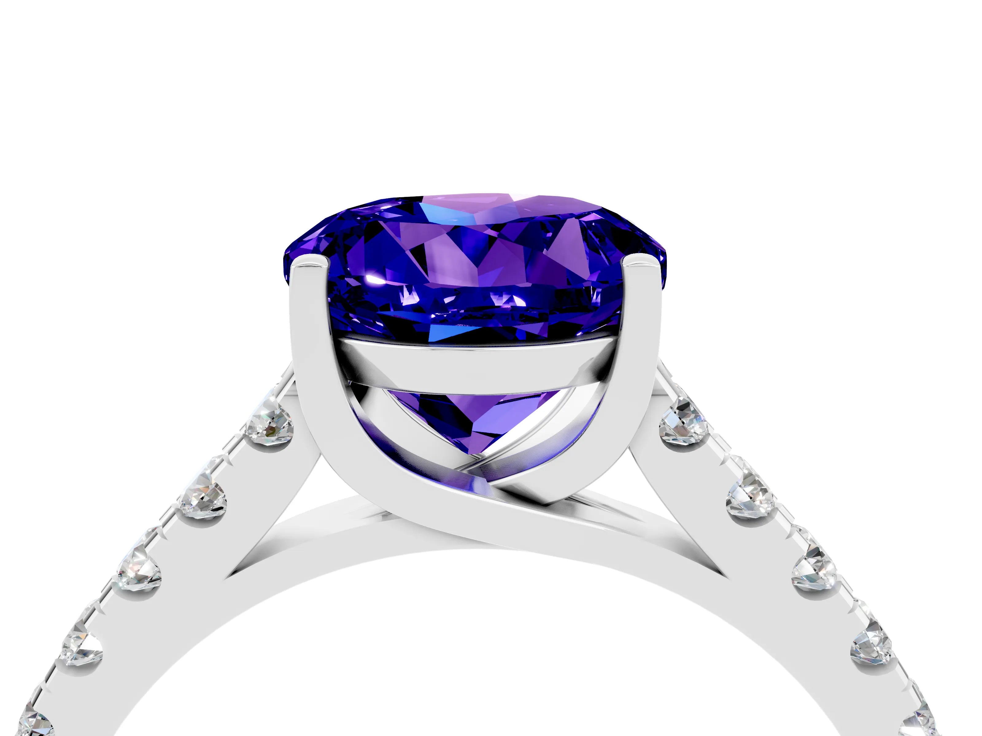 White gold {shape_name} Tanzanite Solitaire Ring with Pavé Band and Four-Prong Setting_4