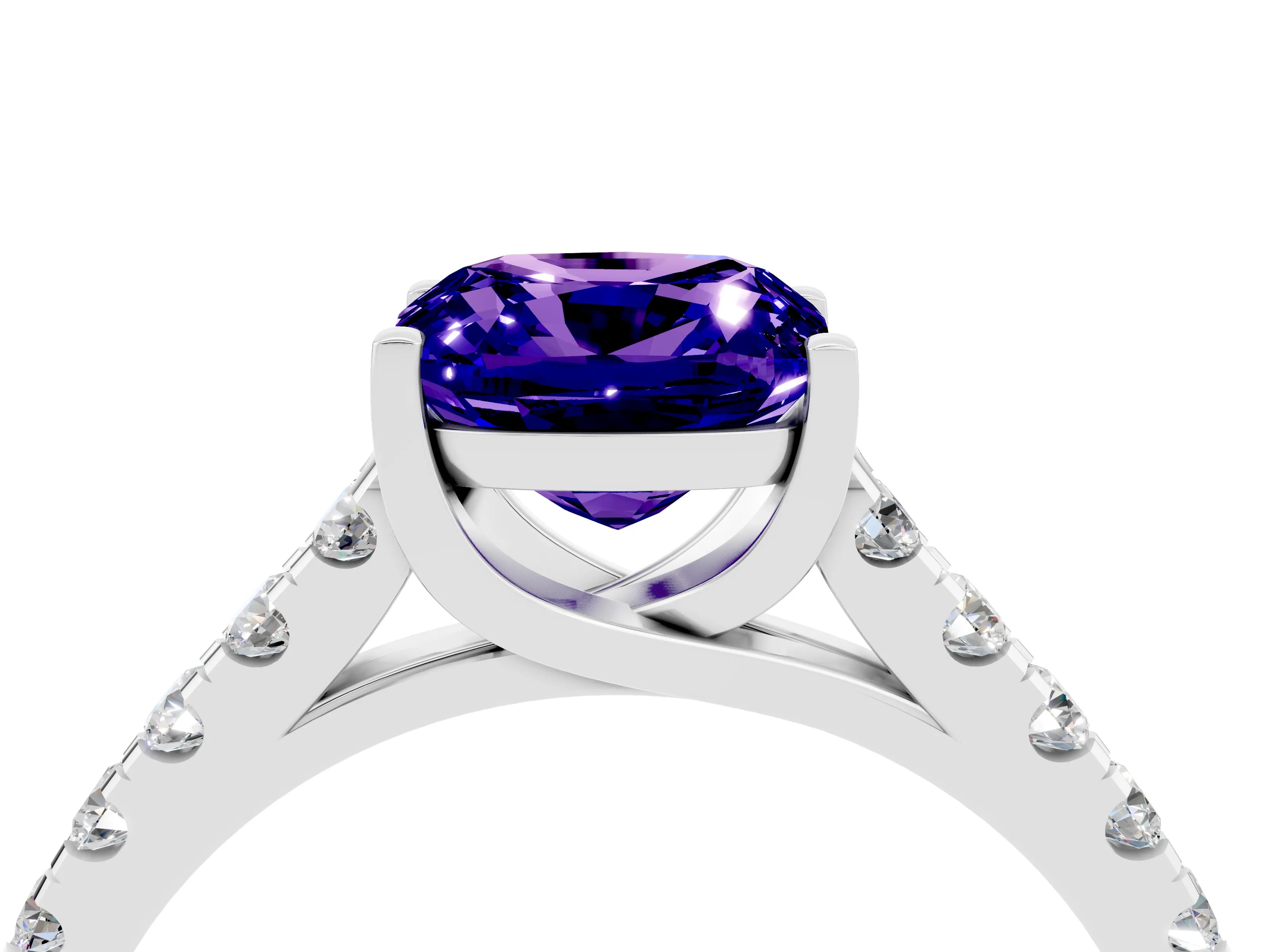 White gold {shape_name} Tanzanite Solitaire Ring with Pavé Band and Four-Prong Setting_4