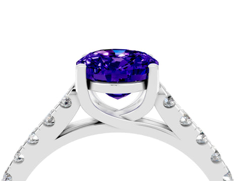 White gold {shape_name} Tanzanite Solitaire Ring with Pavé Band and Four-Prong Setting_4