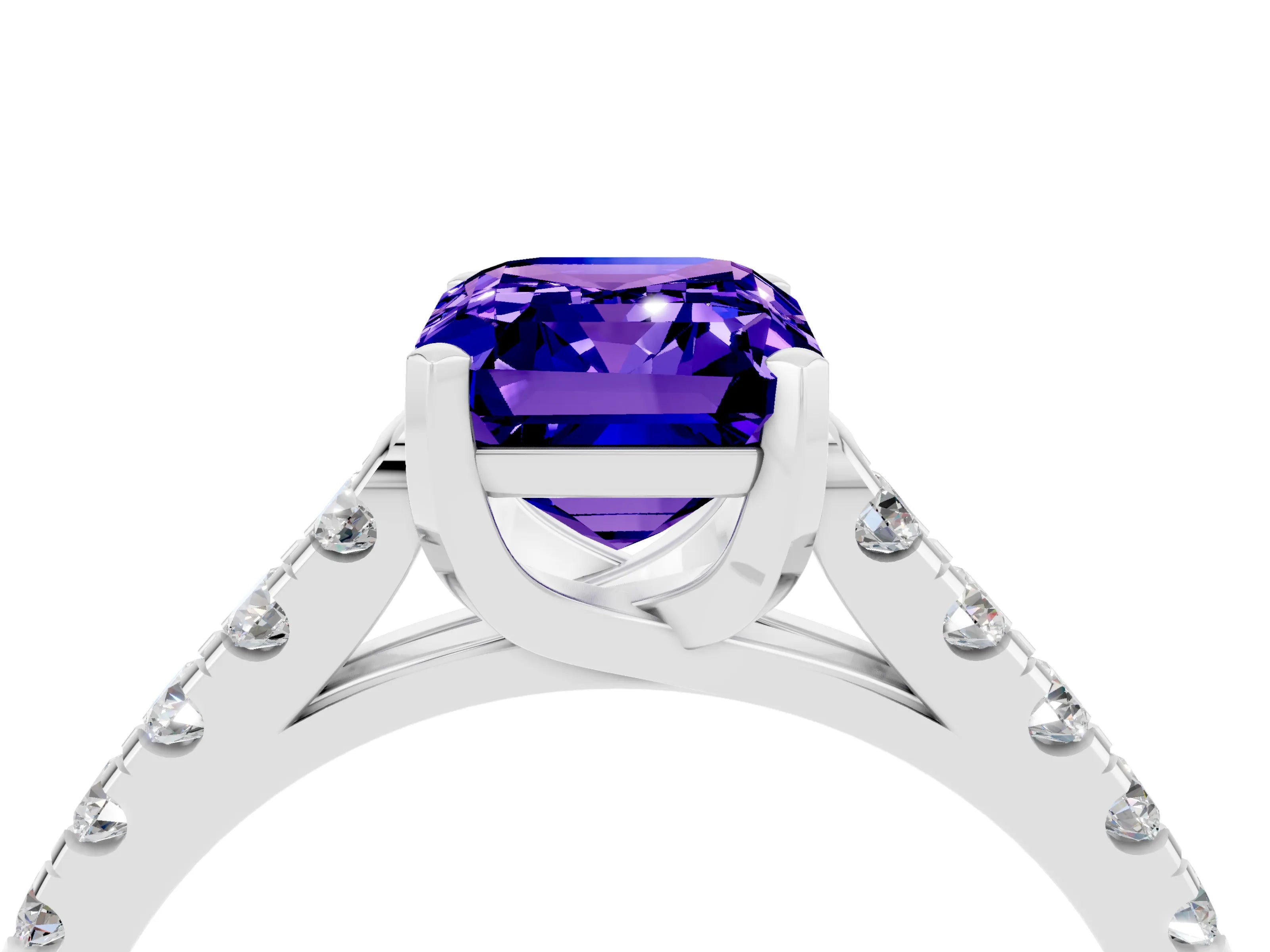 White gold {shape_name} Tanzanite Solitaire Ring with Pavé Band and Four-Prong Setting_4