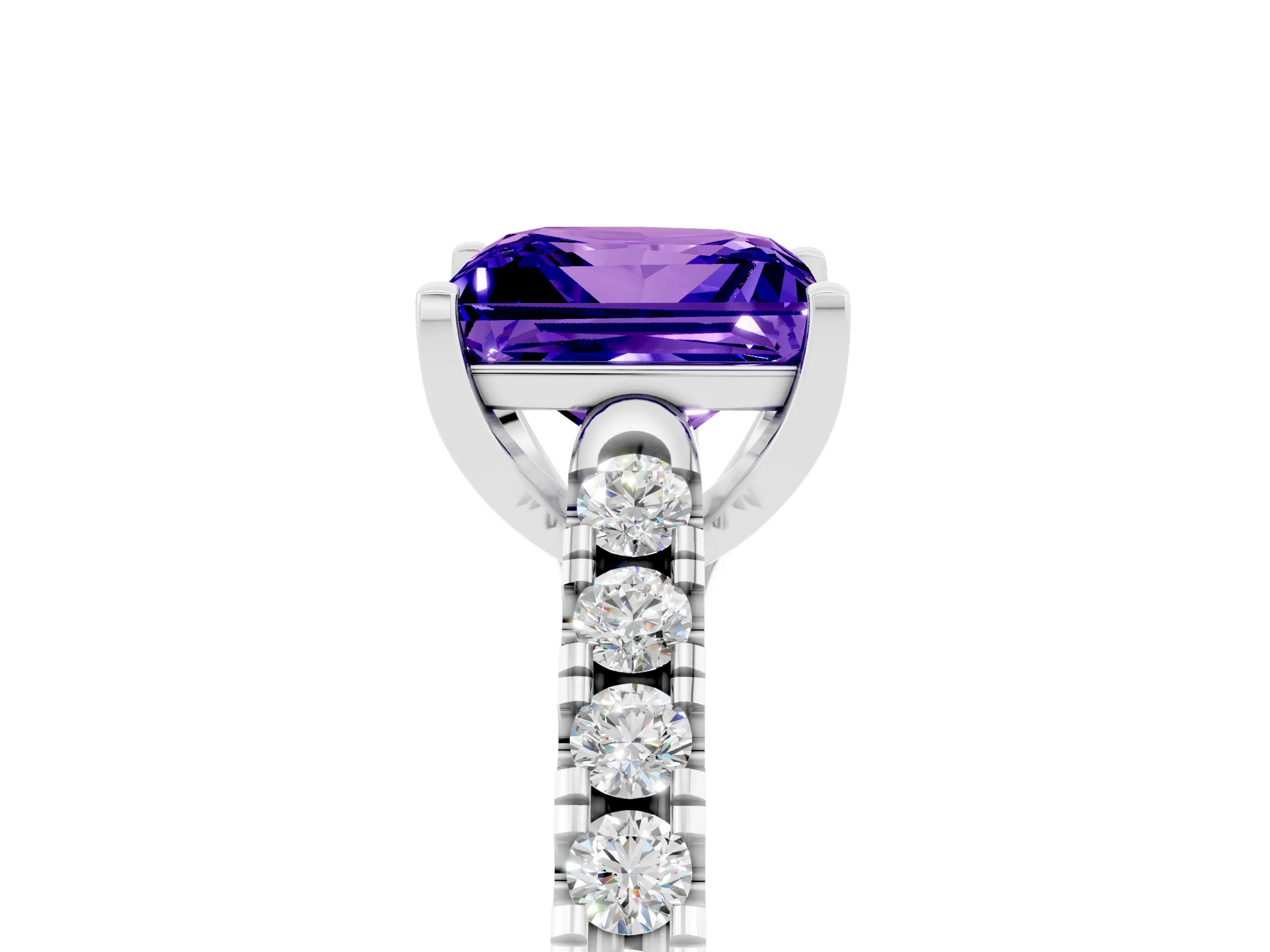 White gold {shape_name} Tanzanite Solitaire Ring with Pavé Band and Four-Prong Setting_5