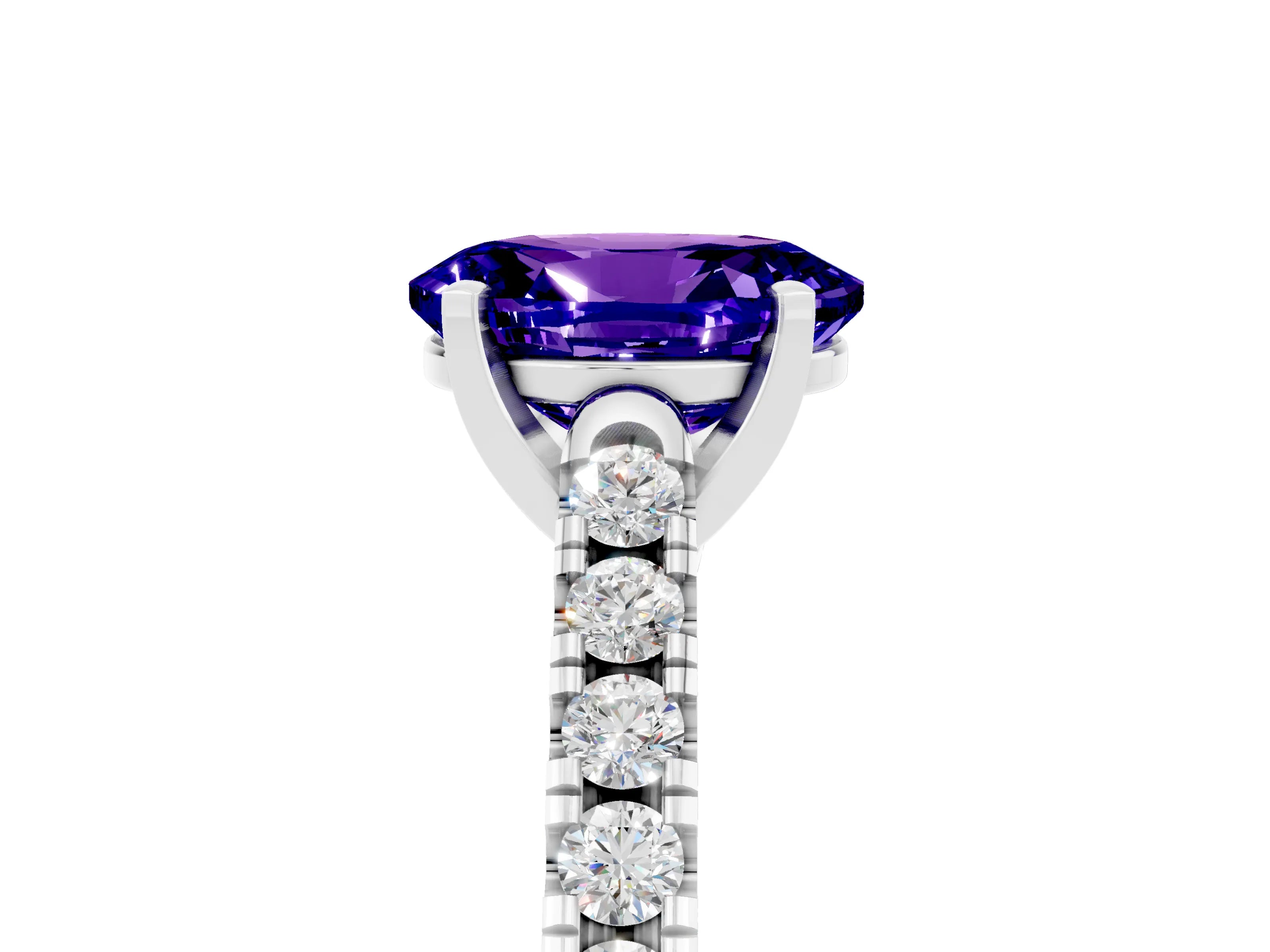 White gold {shape_name} Tanzanite Solitaire Ring with Pavé Band and Four-Prong Setting_5