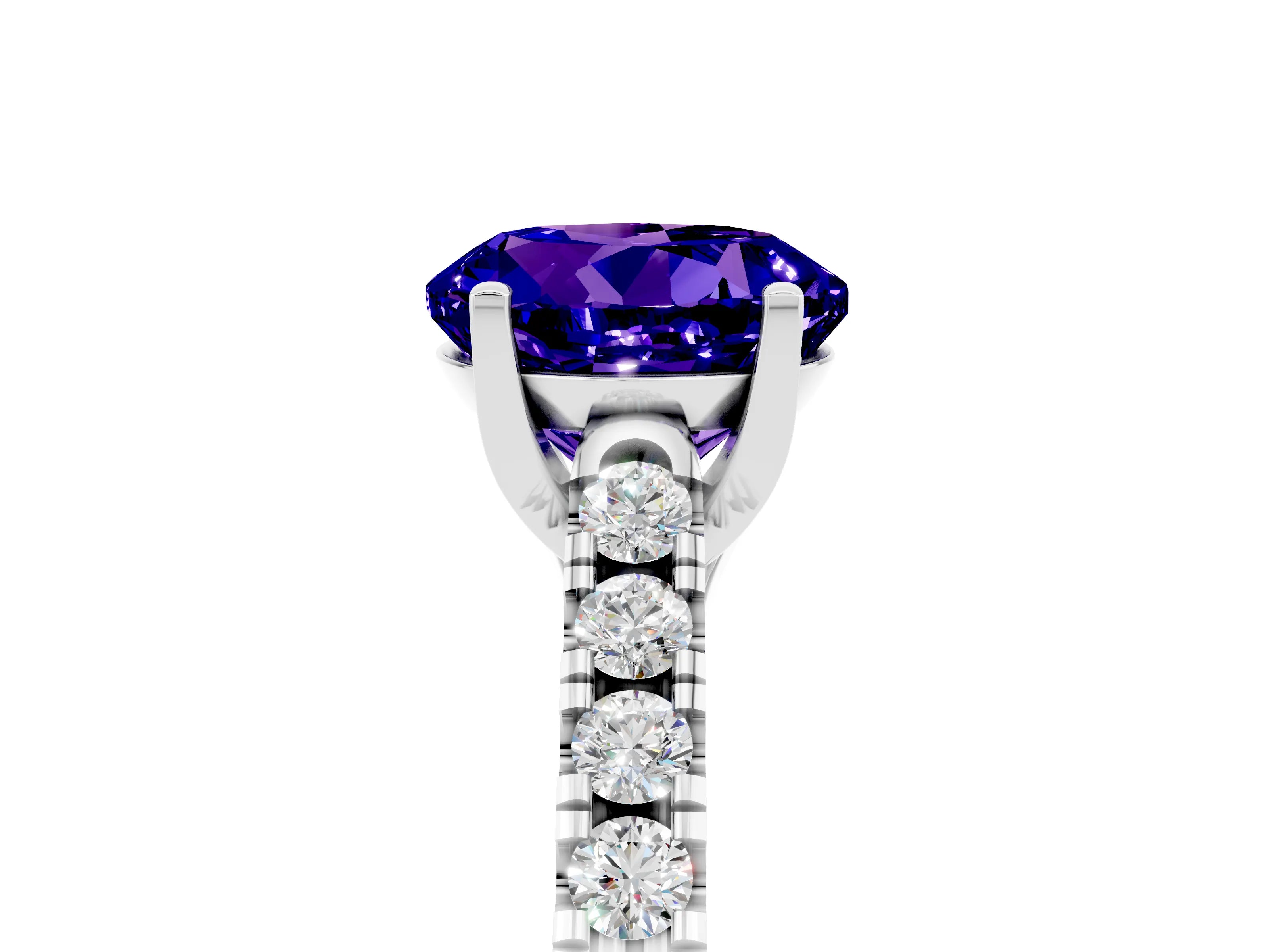 White gold {shape_name} Tanzanite Solitaire Ring with Pavé Band and Four-Prong Setting_5