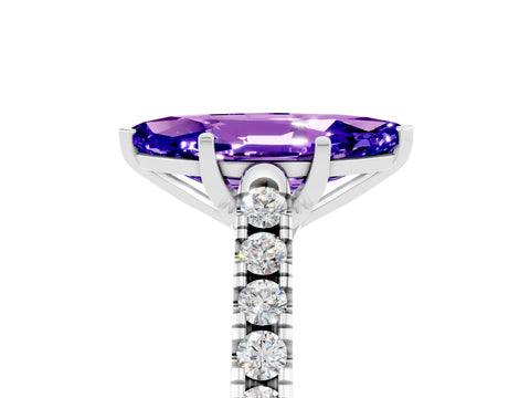 White gold {shape_name} Tanzanite Solitaire Ring with Pavé Band and Four-Prong Setting_5