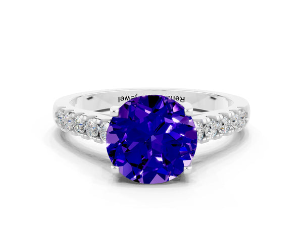 Silver Round Cut Tanzanite Pavé Band Solitaire Ring with Prong Setting