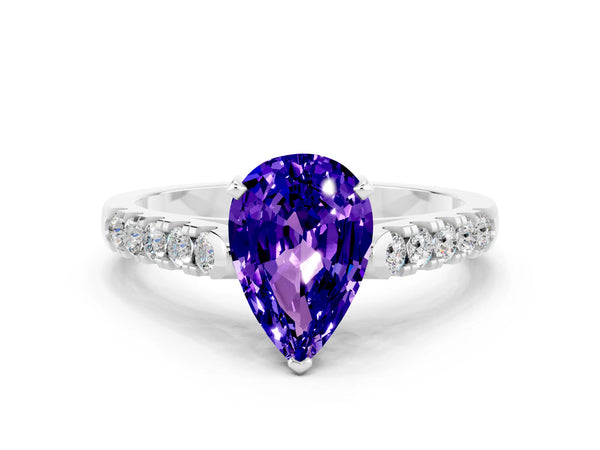 Platinum Pear Cut Tanzanite Pavé Band Solitaire Ring with Prong Setting