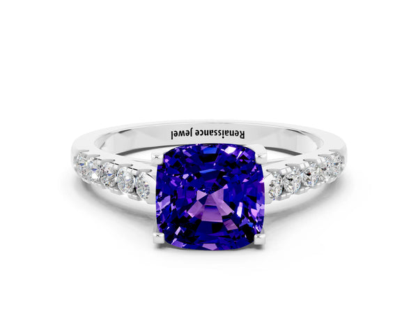 Platinum Cushion Cut Tanzanite Pavé Band Solitaire Ring with Prong Setting