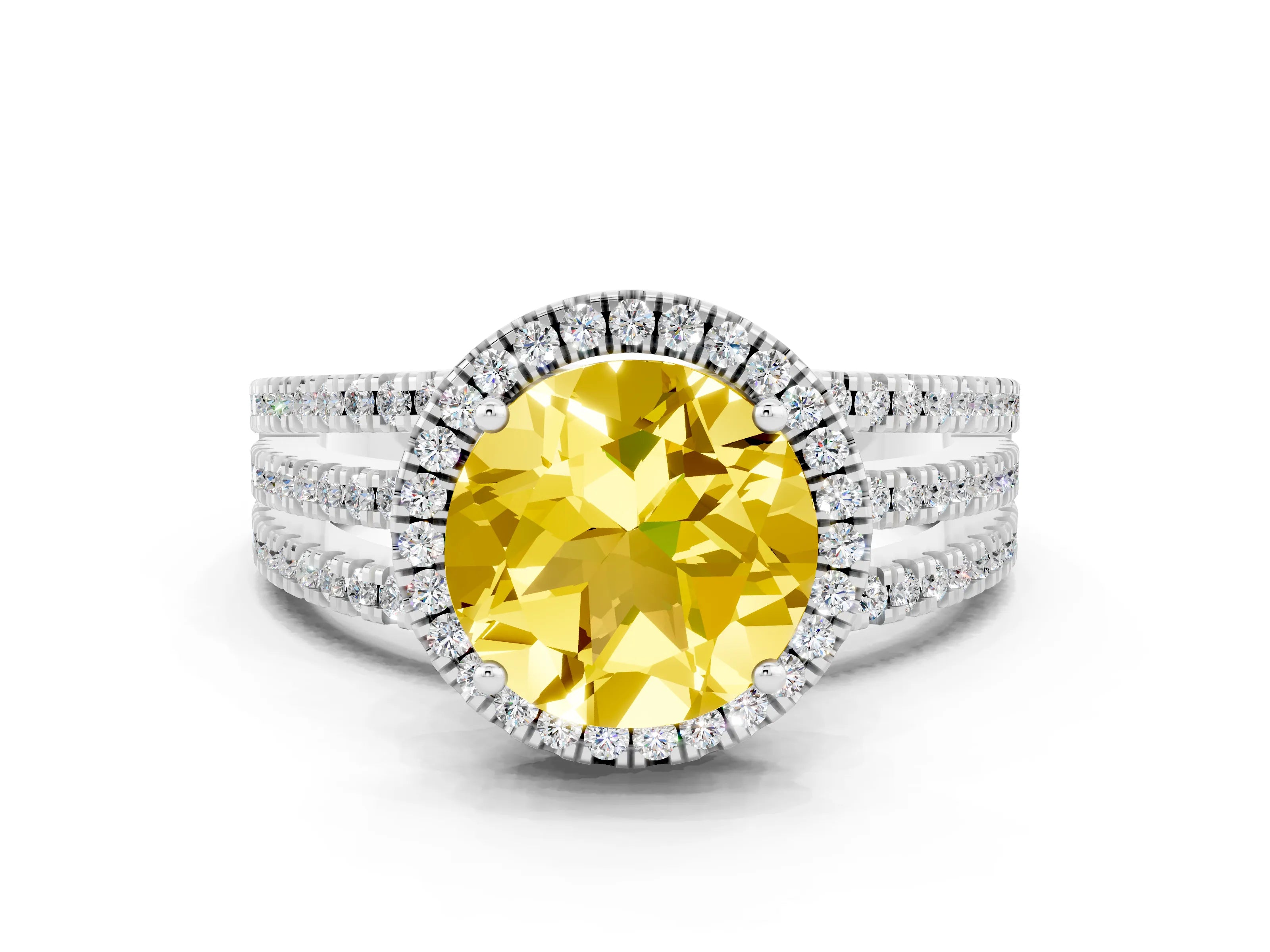 White gold {shape_name} Yellow Sapphire Halo Engagement Ring with Split Shank and Four-Prong Setting