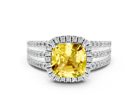 White gold {shape_name} Yellow Sapphire Halo Engagement Ring with Split Shank and Four-Prong Setting_12