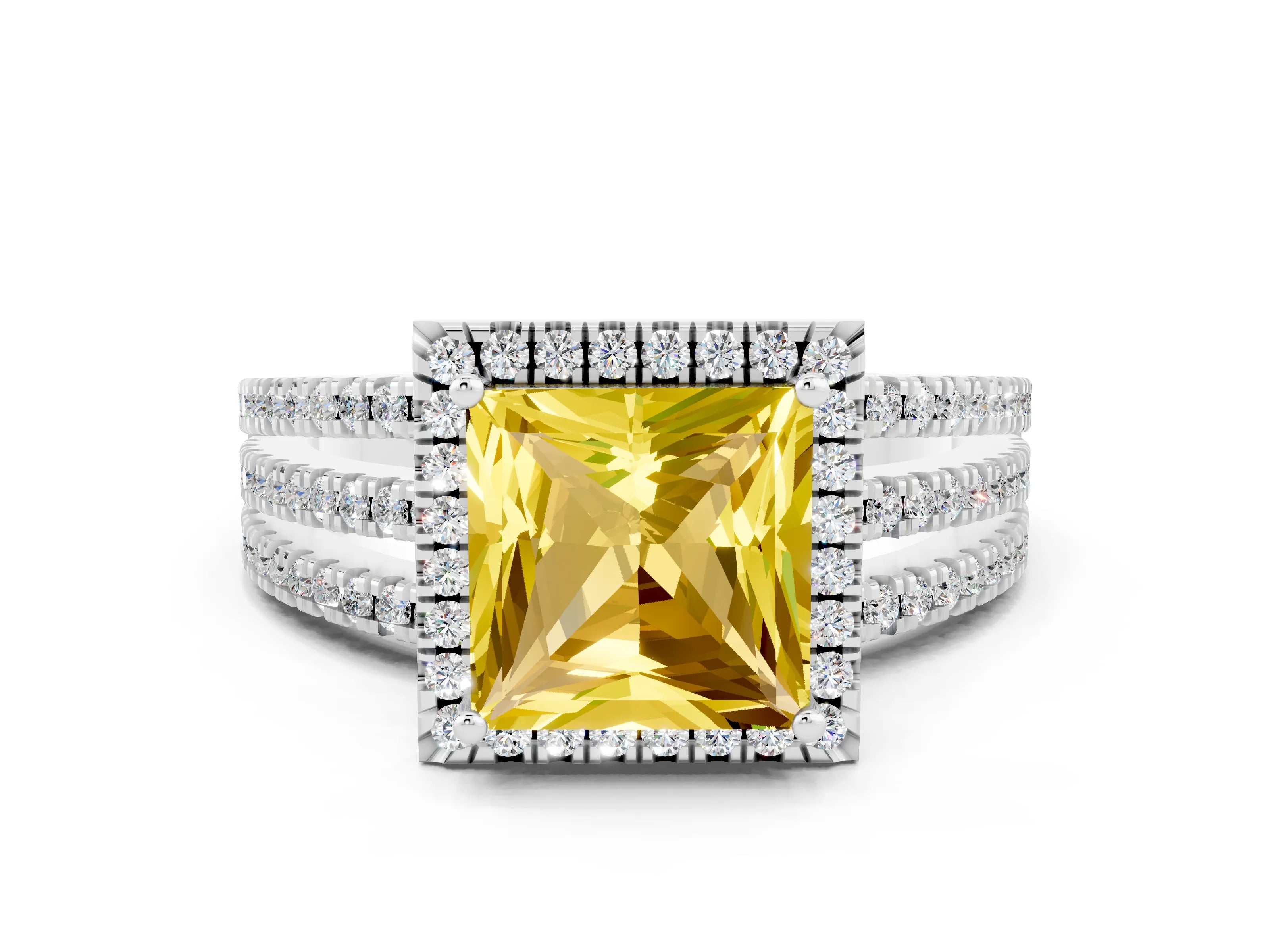 White gold {shape_name} Yellow Sapphire Halo Engagement Ring with Split Shank and Four-Prong Setting_12