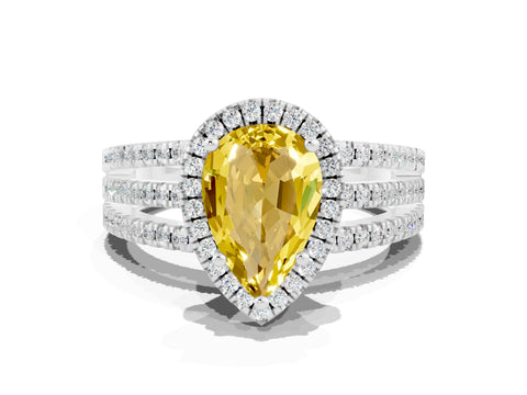 White gold {shape_name} Yellow Sapphire Halo Engagement Ring with Split Shank and Four-Prong Setting_12