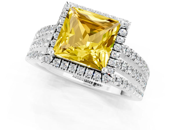 White gold Princess Cut Yellow Sapphire Halo Engagement Ring with Split Shank and Four-Prong Setting