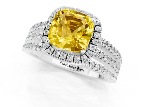 White gold {shape_name} Yellow Sapphire Halo Engagement Ring with Split Shank and Four-Prong Setting_13