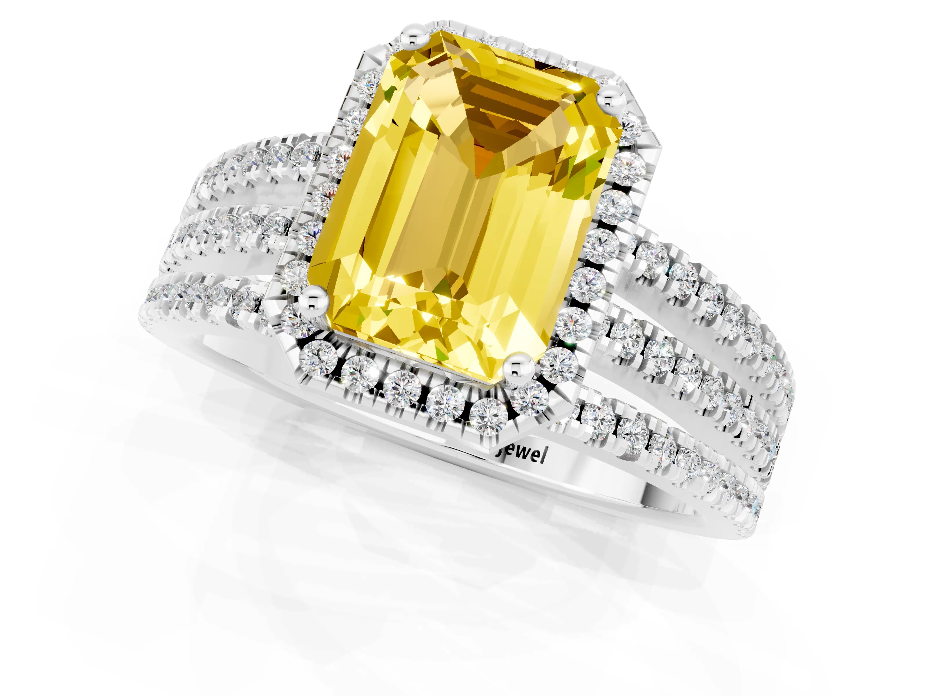 White gold {shape_name} Yellow Sapphire Halo Engagement Ring with Split Shank and Four-Prong Setting_13