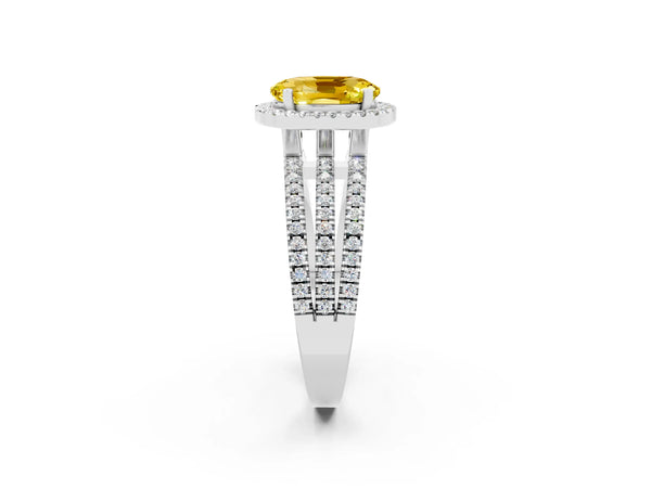 White gold Oval Cut Yellow Sapphire Halo Engagement Ring with Split Shank and Four-Prong Setting