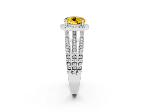 White gold {shape_name} Yellow Sapphire Halo Engagement Ring with Split Shank and Four-Prong Setting_14
