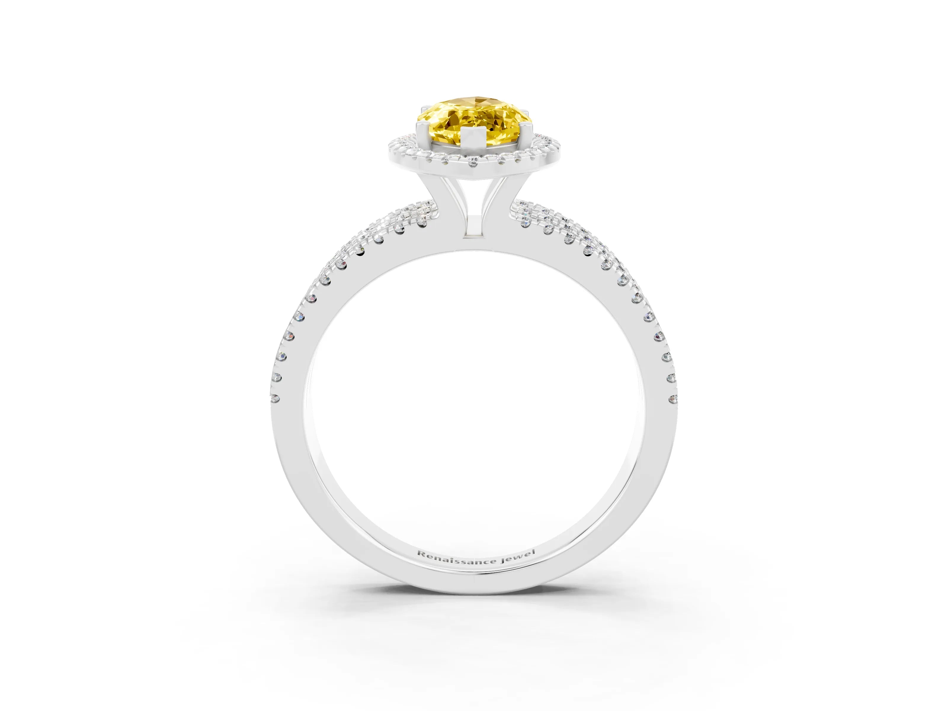 White gold {shape_name} Yellow Sapphire Halo Engagement Ring with Split Shank and Four-Prong Setting_15