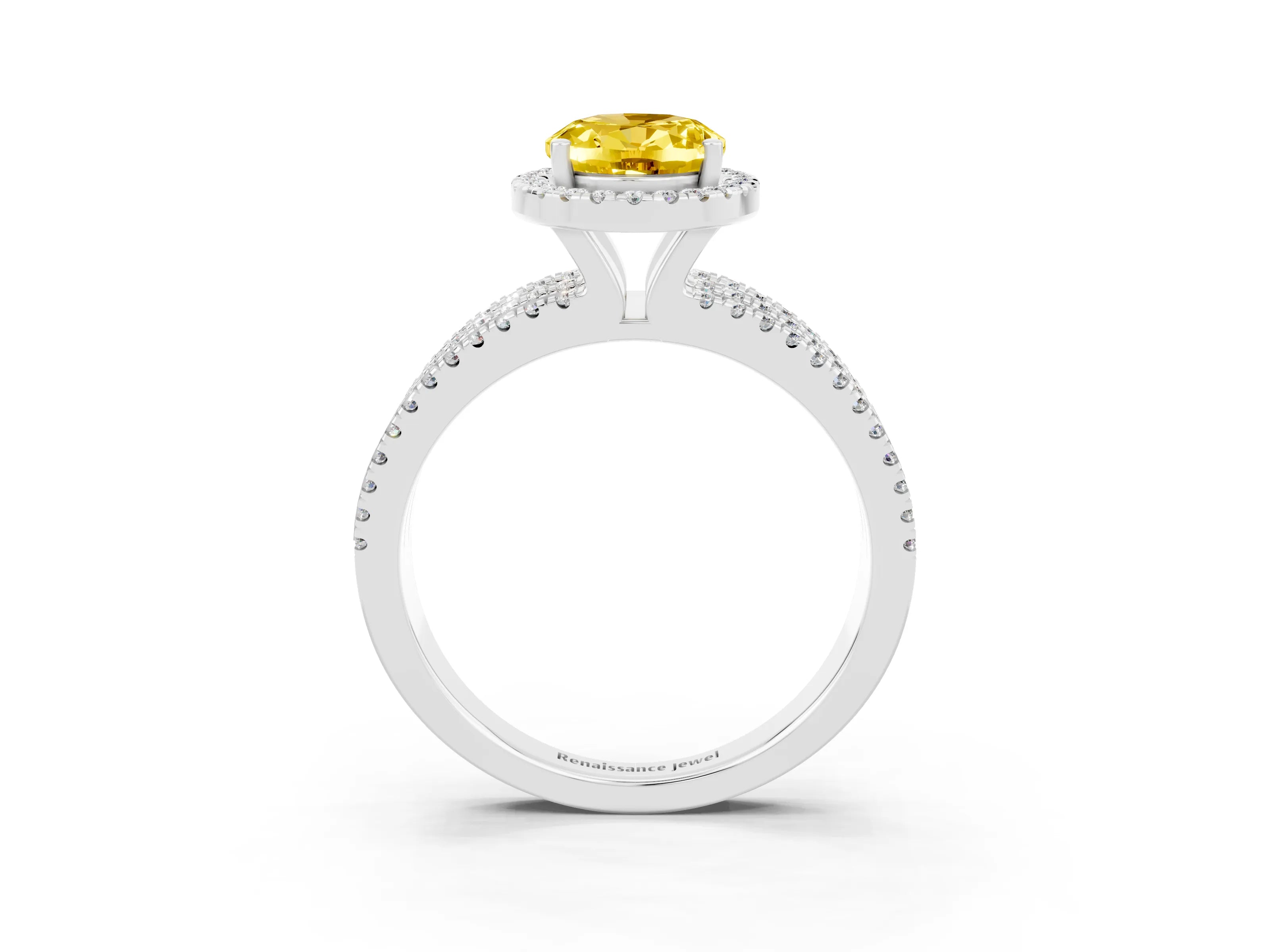 White gold {shape_name} Yellow Sapphire Halo Engagement Ring with Split Shank and Four-Prong Setting_15