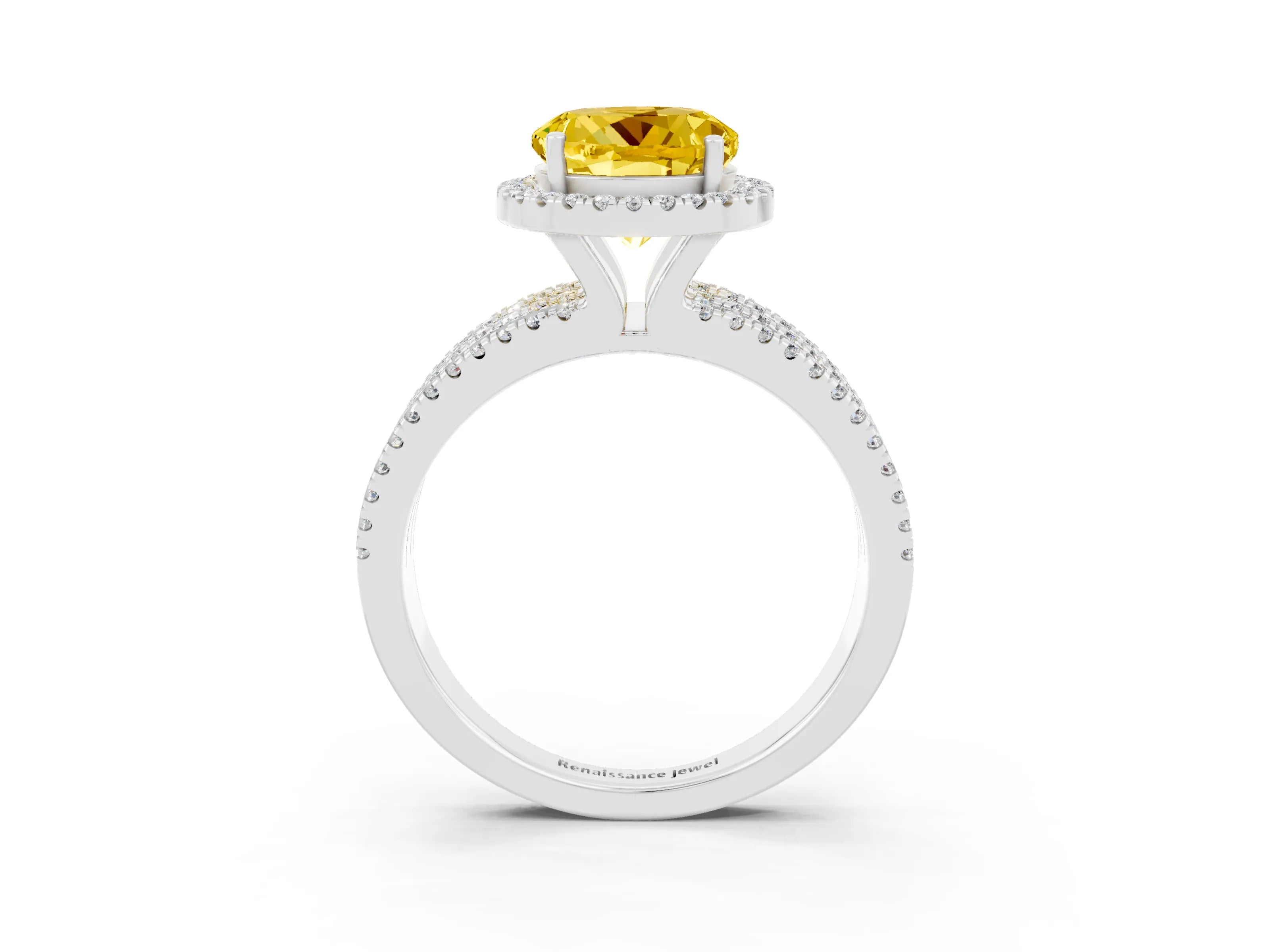 White gold {shape_name} Yellow Sapphire Halo Engagement Ring with Split Shank and Four-Prong Setting_15