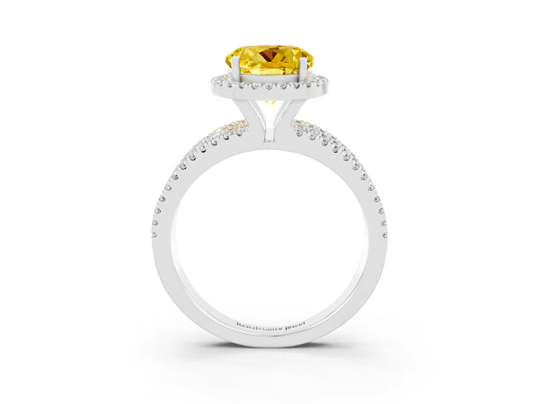 White gold Round Cut Yellow Sapphire Halo Engagement Ring with Split Shank and Four-Prong Setting