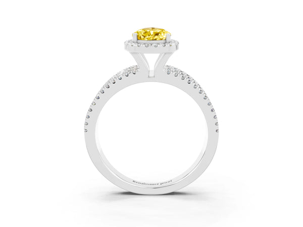 White gold Pear Cut Yellow Sapphire Halo Engagement Ring with Split Shank and Four-Prong Setting