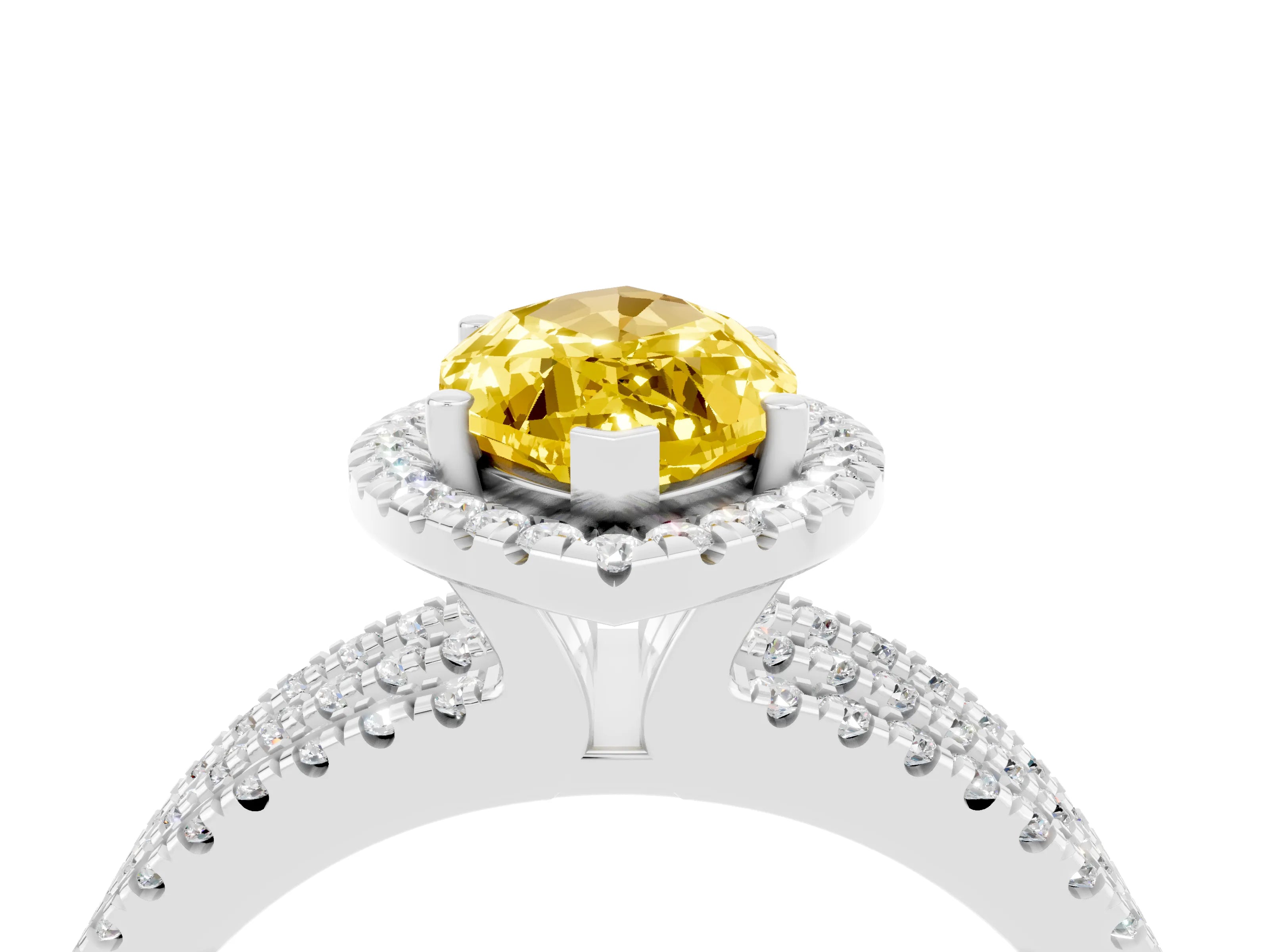 White gold {shape_name} Yellow Sapphire Halo Engagement Ring with Split Shank and Four-Prong Setting_16