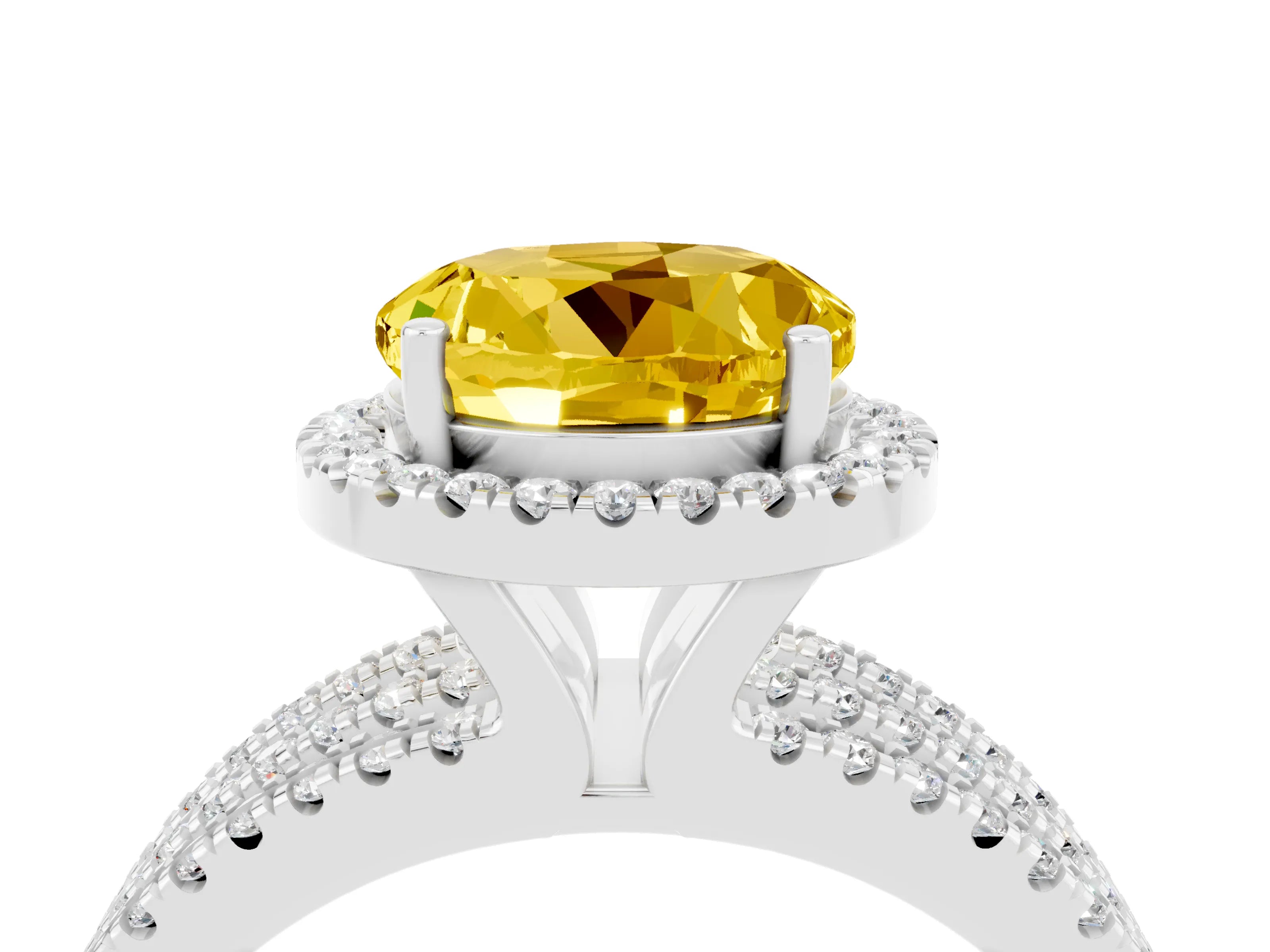 White gold {shape_name} Yellow Sapphire Halo Engagement Ring with Split Shank and Four-Prong Setting_16