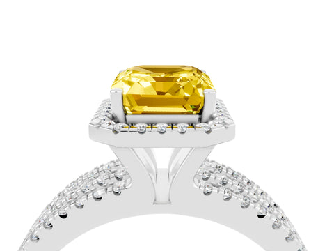 White gold {shape_name} Yellow Sapphire Halo Engagement Ring with Split Shank and Four-Prong Setting_16