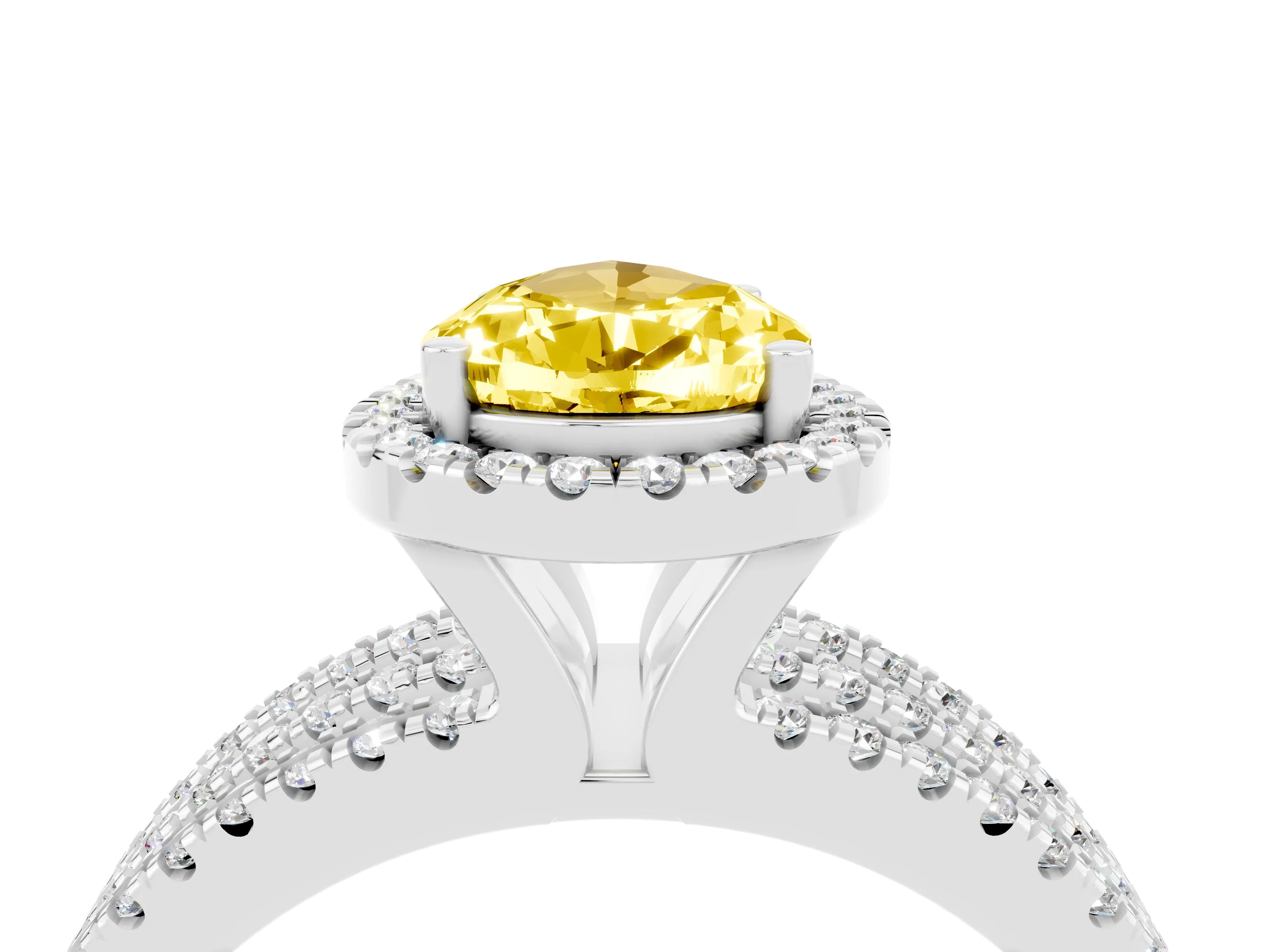 White gold {shape_name} Yellow Sapphire Halo Engagement Ring with Split Shank and Four-Prong Setting_16