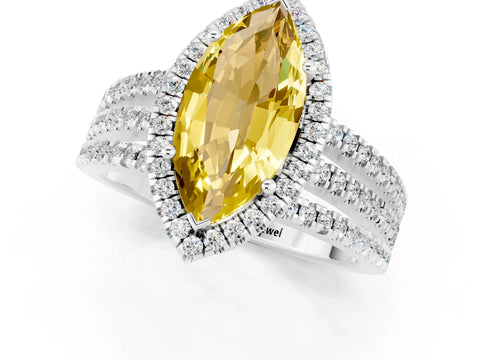 White gold {shape_name} Yellow Sapphire Halo Engagement Ring with Split Shank and Four-Prong Setting_1