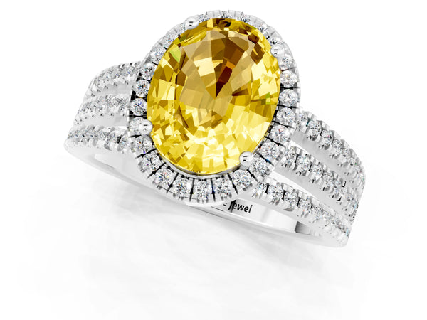 Silver Oval Cut Yellow Sapphire Halo Engagement Ring with Split Shank and Four-Prong Setting