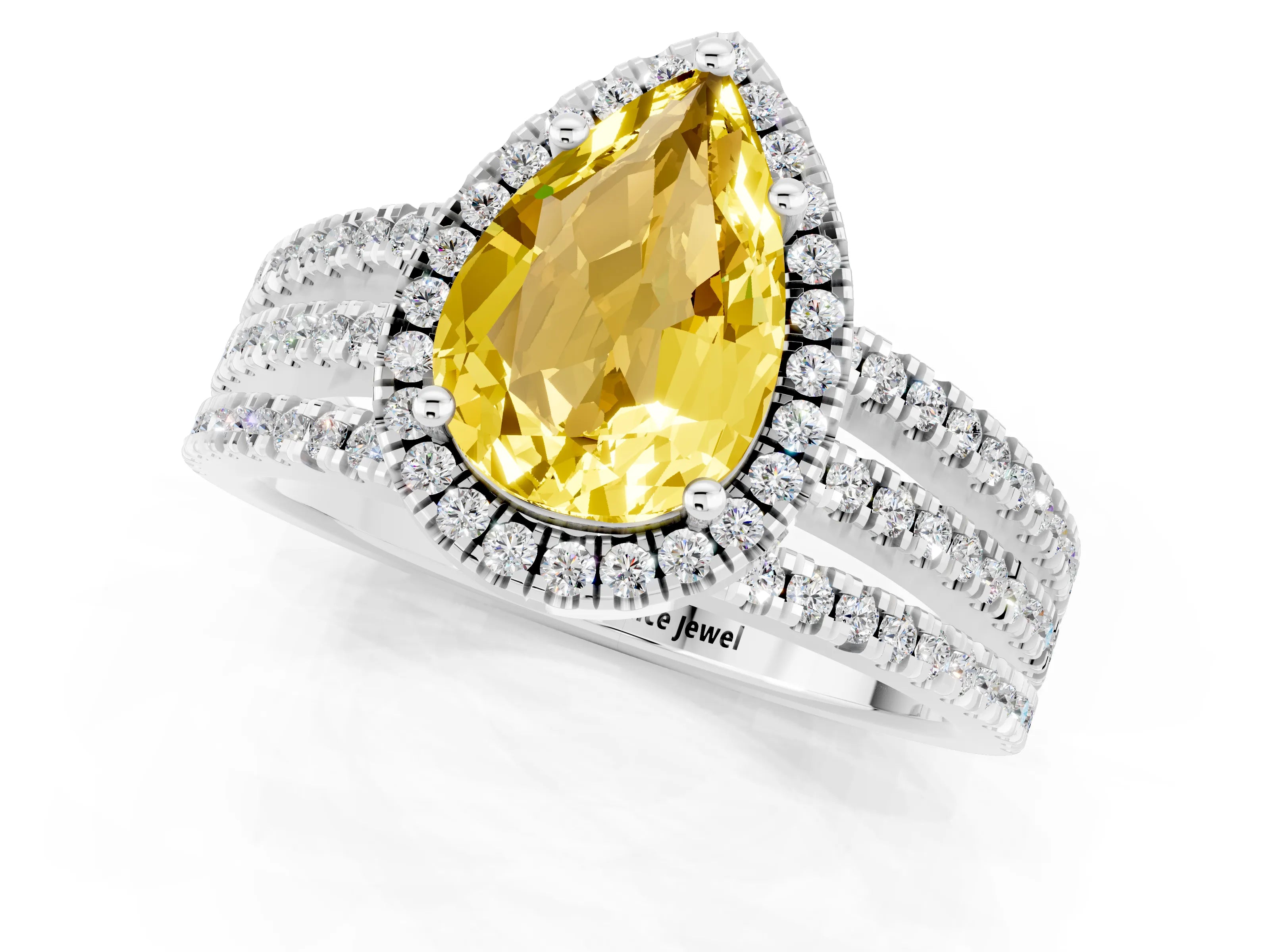 White gold {shape_name} Yellow Sapphire Halo Engagement Ring with Split Shank and Four-Prong Setting_1