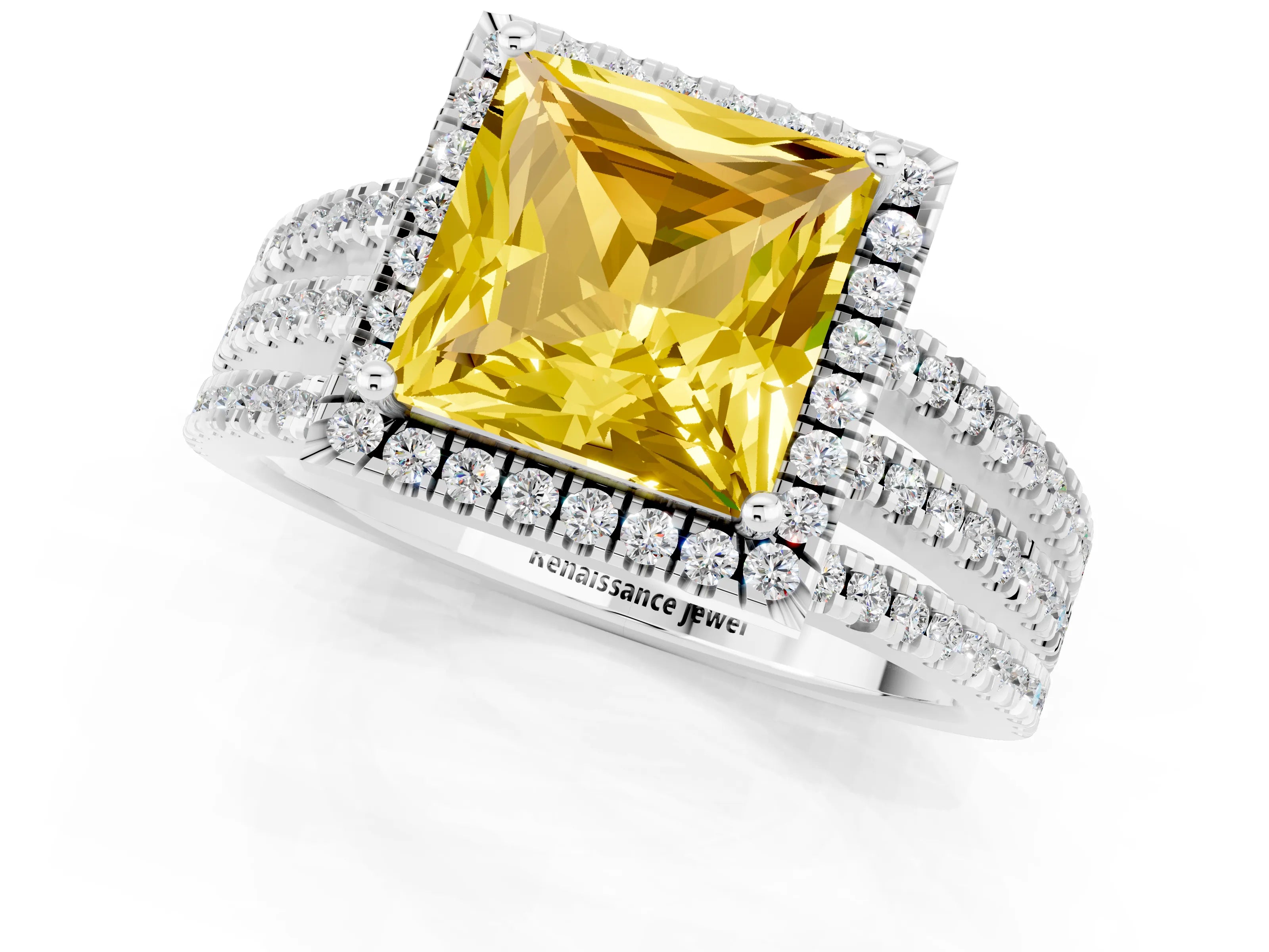 White gold {shape_name} Yellow Sapphire Halo Engagement Ring with Split Shank and Four-Prong Setting_1