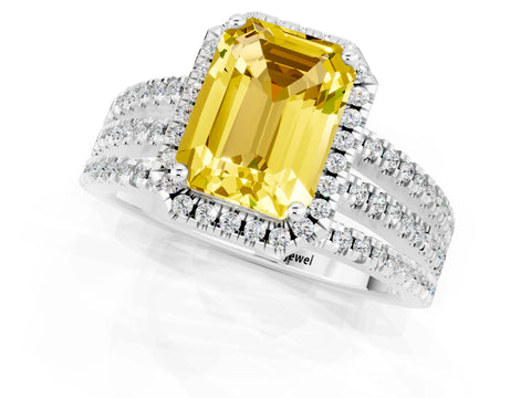White gold {shape_name} Yellow Sapphire Halo Engagement Ring with Split Shank and Four-Prong Setting_1