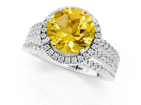 White gold {shape_name} Yellow Sapphire Halo Engagement Ring with Split Shank and Four-Prong Setting_1