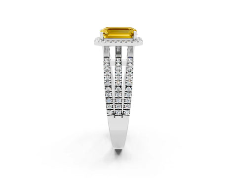 White gold {shape_name} Yellow Sapphire Halo Engagement Ring with Split Shank and Four-Prong Setting_2