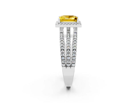 White gold {shape_name} Yellow Sapphire Halo Engagement Ring with Split Shank and Four-Prong Setting_2