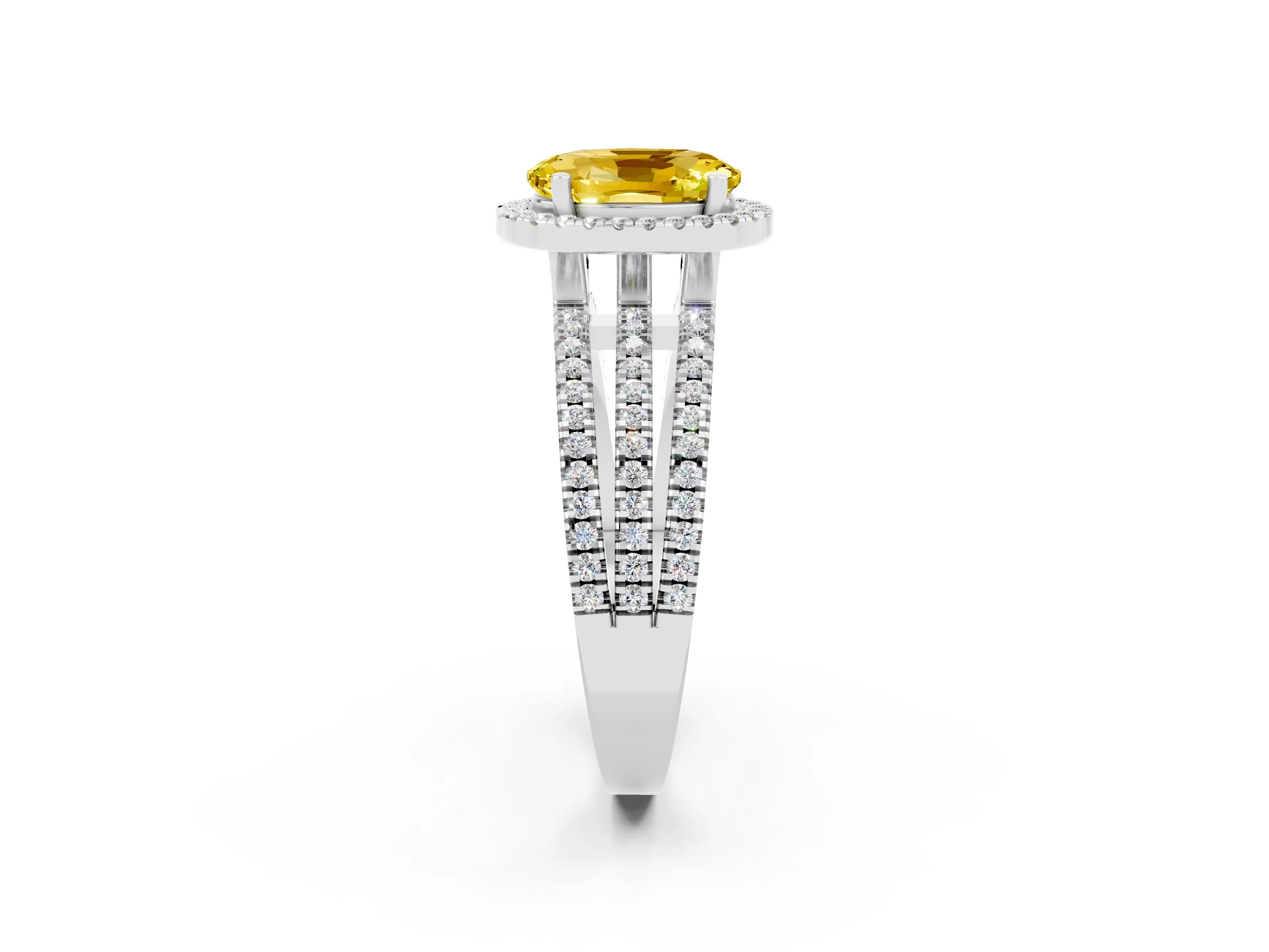 White gold {shape_name} Yellow Sapphire Halo Engagement Ring with Split Shank and Four-Prong Setting_2