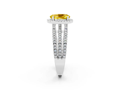 White gold {shape_name} Yellow Sapphire Halo Engagement Ring with Split Shank and Four-Prong Setting_2
