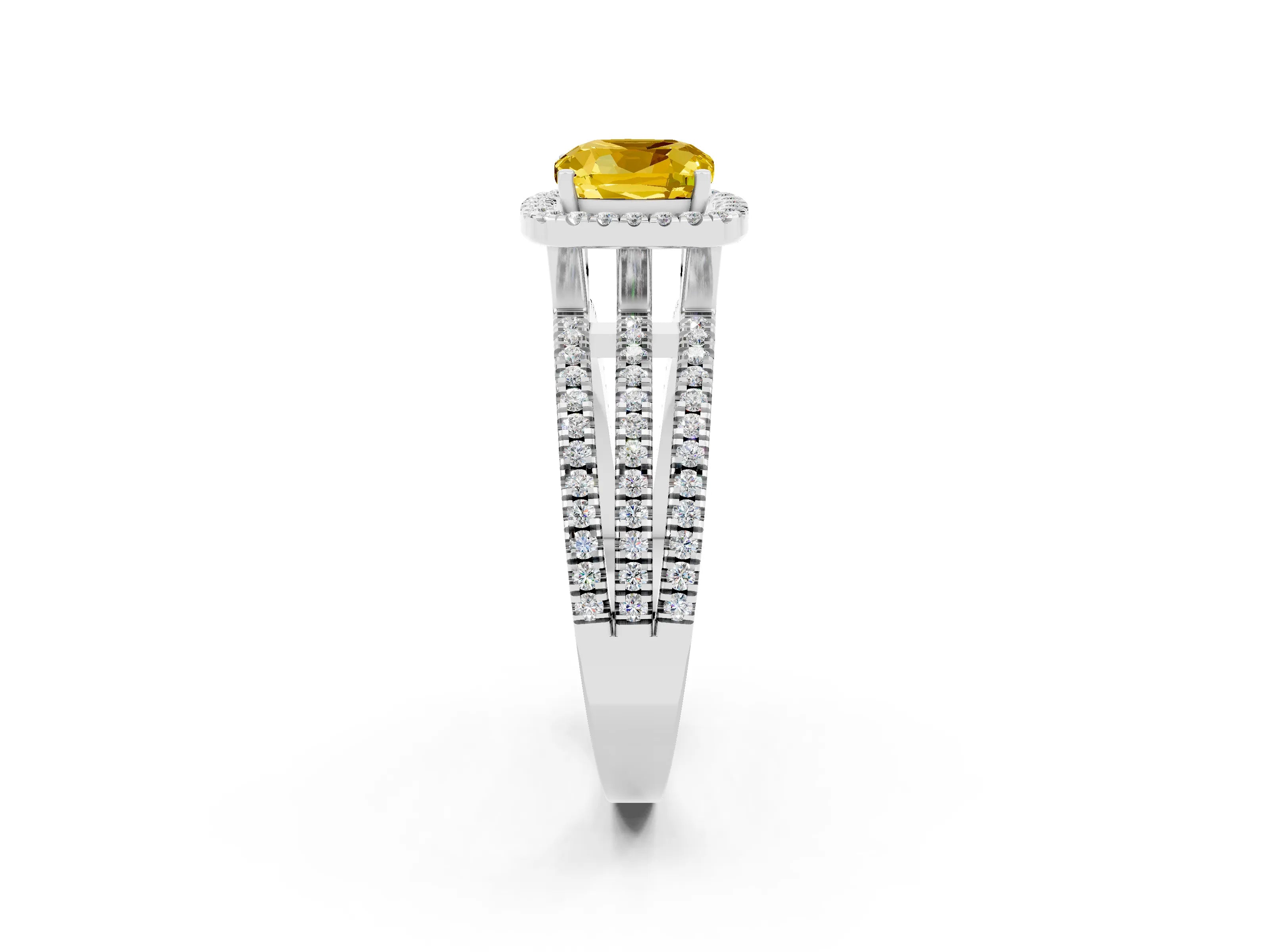White gold {shape_name} Yellow Sapphire Halo Engagement Ring with Split Shank and Four-Prong Setting_2