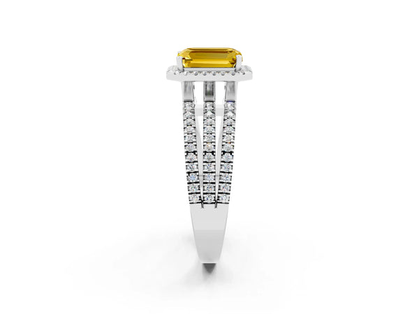 Silver Emerald Cut Yellow Sapphire Halo Engagement Ring with Split Shank and Four-Prong Setting