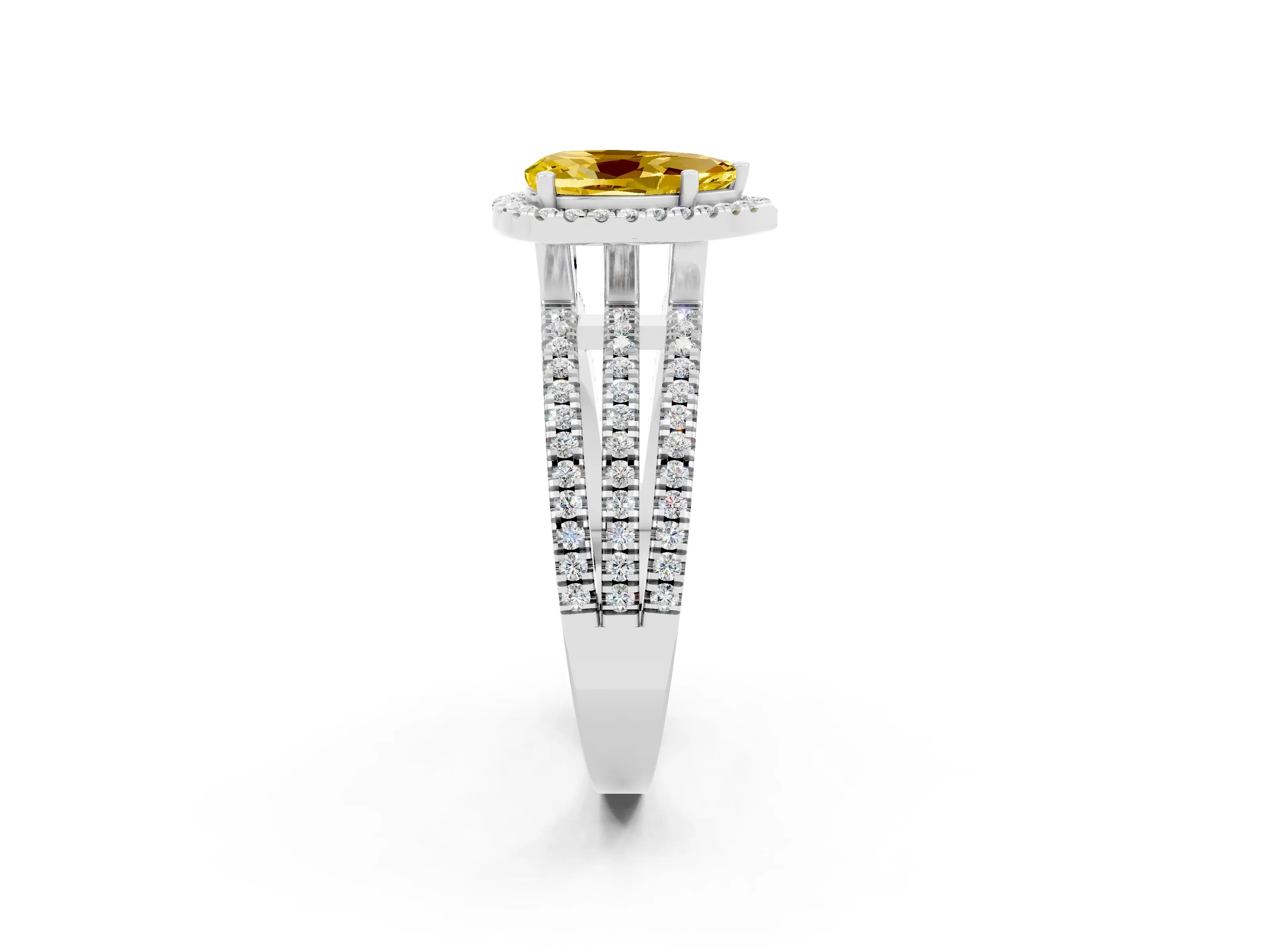 White gold {shape_name} Yellow Sapphire Halo Engagement Ring with Split Shank and Four-Prong Setting_2