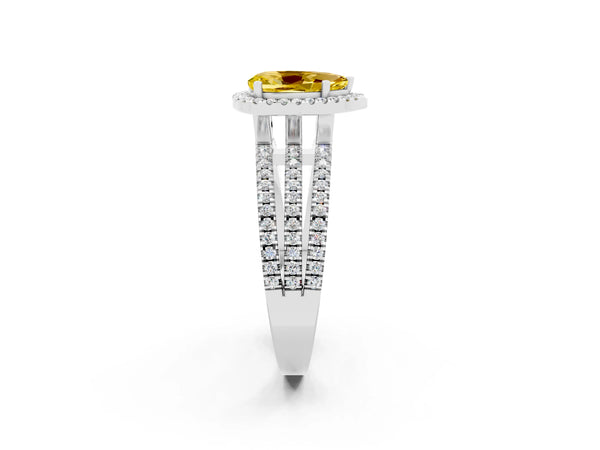 Platinum Pear Cut Yellow Sapphire Halo Engagement Ring with Split Shank and Four-Prong Setting